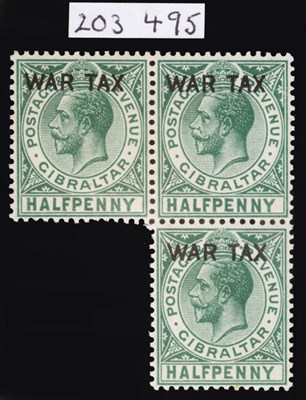 Lot 300 - Gibraltar. 1918 1/2d War Tax, mint block of three, with variety watermark inverted and...