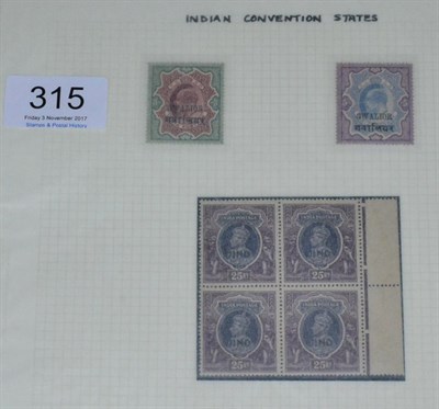 Lot 315 - Indian Convention States. An album page housing Gwalior 1903 to 1911 3r and 5r; Sind 1941 to...