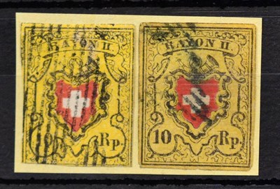 Lot 415 - Switzerland. 1850 two 10r 'RayonII', central cross without frame, differing shades. Darker...