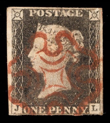 Lot 480 - Great Britain. 1840 1d Black J-L, four margins (albeit just touched bottom right). Cancelled with a