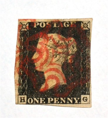 Lot 481 - Great Britain. 1840 1d Black H-G. Two margins, third shaved, sued with a fine red Maltese Cross