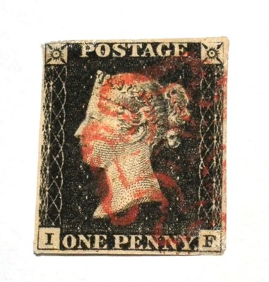 Lot 482 - Great Britain. 1840 1d Black I-F. Three margins (top left corner touched), used with a red...