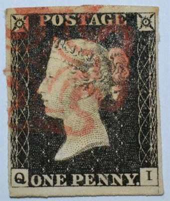 Lot 484 - Great Britain. 1840 1d Black Q-I. Four margins (two large), used with a red Maltese Cross