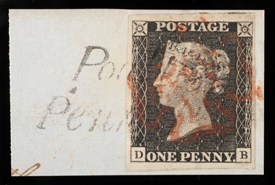 Lot 485 - Great Britain. 1840 1d Black D-B, Plate 2, four margins (two large, one close) tied to small...