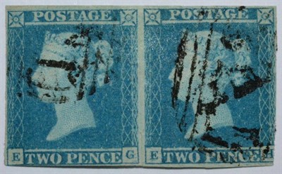 Lot 489 - Great Britain. 1841 2d Pale Blue horizontal pair EG/EH. Two margins, used