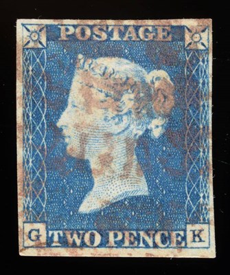 Lot 490 - Great Britain. 1840 2d Blue G-K. Four margins, used with a red Maltese Cross. Small thin not...