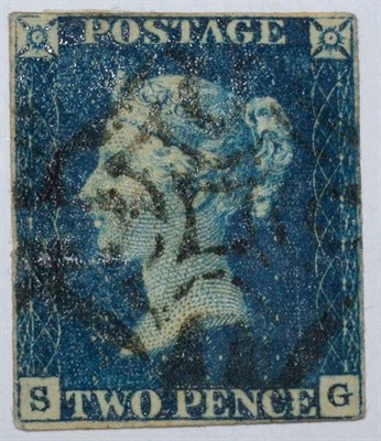 Lot 494 - Great Britain. 1840 2d Deep Full Blue S-G. Three close margins, fourth shaved. Used with a...