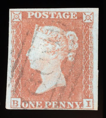 Lot 498 - Great Britain. 1981 1d Red B-I on very blued paper. Watermark inverted. Four margins, fine used