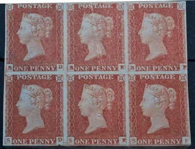 Lot 505 - Great Britain. 1841 1d Red RD/SF, unused block of six. Three margins, fourth shaved. Vertical...