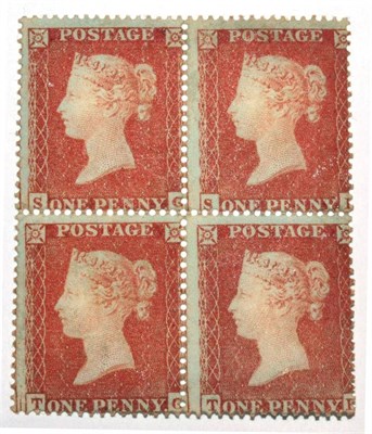 Lot 514 - Great Britain. 1857 1d Red-Brown block of four SO/TP on blue paper. Die I, wmk Small Crown. Two top