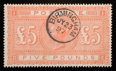 Lot 537 - Great Britain. 1867 to 1883 £5 Orange D-E, cancelled with a superb Birmingham JY 23 97 thimble...