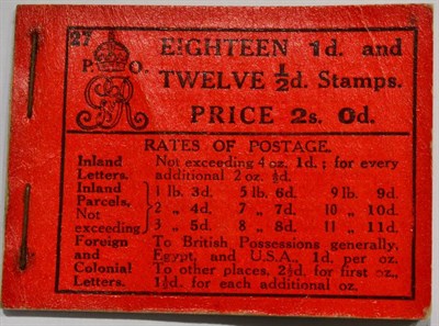 Lot 579 - Great Britain. April 1913 2s booklet, edition number 27. Clipped perfs to one 1/2d pan and two...