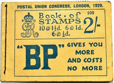 Lot 586 - Great Britain. 1929 P.U.C. London 2s booklet, edition 105. Part used, but 1/2d pane of six and...