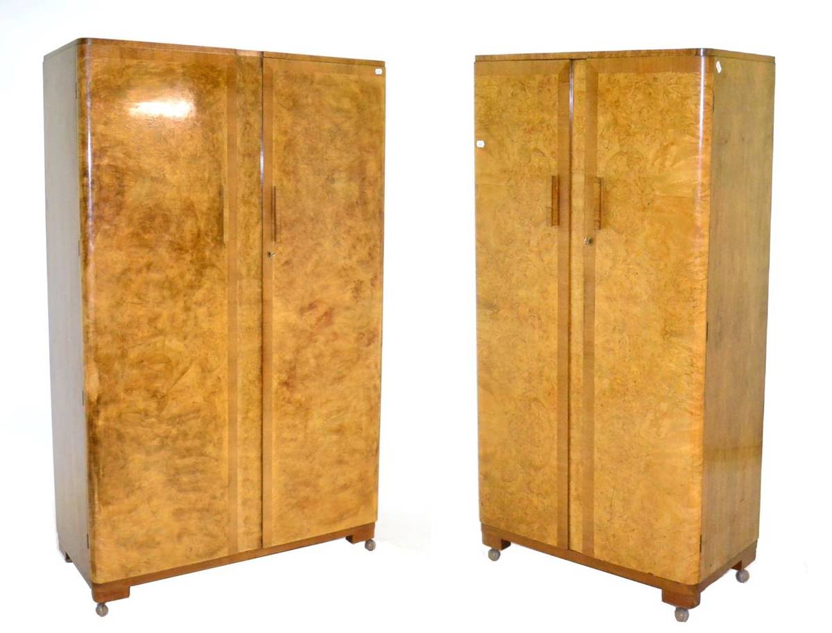 Lot 631 - An Hungarian Art Deco Satin and Burr Walnut Bedroom Suite, comprising a Double Door Wardrobe,...