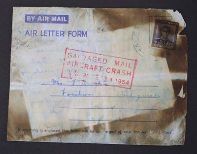 Lot 203 - Wreck Mail. 1954 Aerogramme from New Zealand to England with red boxed cachet Salvaged...