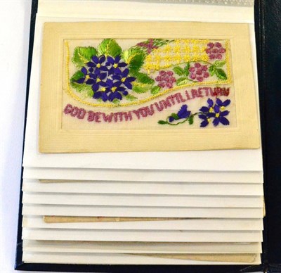 Lot 248 - Greetings Cards in a small blue album including fifteen silks. Variable condition (27)