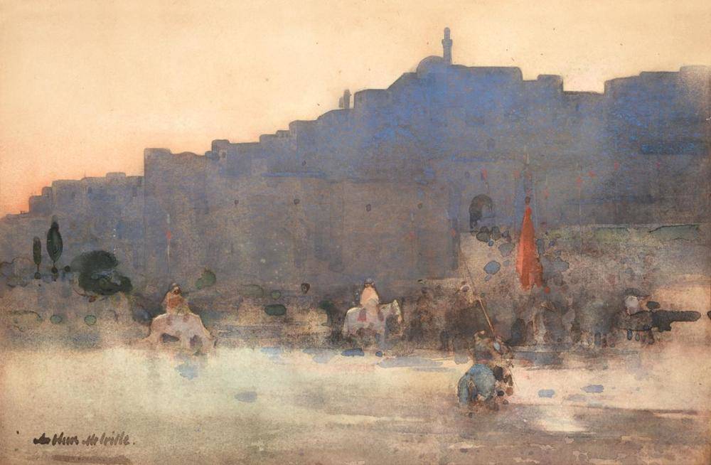 Lot 666 - Arthur Melville ARSA (1855-1904)  Arabs returning from a raid, perhaps at Mosul  Signed, with...