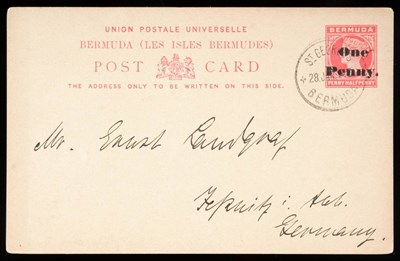 Lot 376 - Bermuda. The scarce One penny black overprint on 1 1/2d red Postal Stationery card. Used...