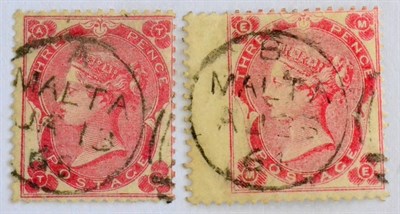 Lot 464 - Malta - Great Britain Used in. 1862 3d Carmine-rose, Plate 2, used. Also 3d bright...