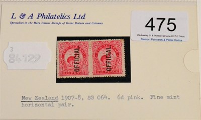 Lot 475 - New Zealand. 1907 to 1911 6d bright carmine-pink, horizontal pair overprinted Official.  Fresh...