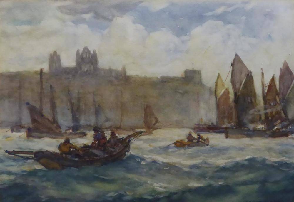 Lot 687 - Joseph Richard Bagshawe RBA (1870-1909)  Fishing boats in Whitby harbour with a view of the...