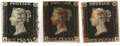 Lot 607 - Great Britain. Three 1840 1d Blacks A-K (three margins), D-E and I-G (both full margins), all used.