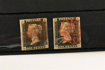 Lot 608 - Great Britain. Two 1840 1d blacks G-C and O-A. Both three margins and used with red Maltese crosses