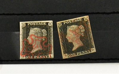 Lot 609 - Great Britain. Two 1840 1d Blacks J-A, three margins, and S-D, four margins. Both used by Red...