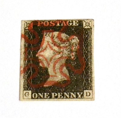 Lot 612 - Great Britain. 1840 1d Black G-D. Four margins, used with a red Maltese cross