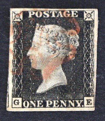 Lot 613 - Great Britain. 1840 1d black G-E. Four margins (just), used with a feint red Maltese cross