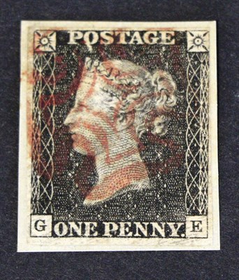 Lot 614 - Great Britain. 1840 1d Black G-E. Three margins, fourth just shaved, tied to very small piece...