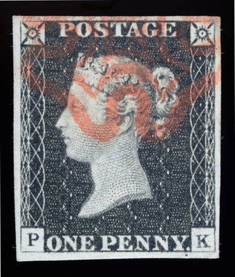 Lot 619 - Great Britain. 1840 1d Black P-K. Four margins, used with a red Maltese cross