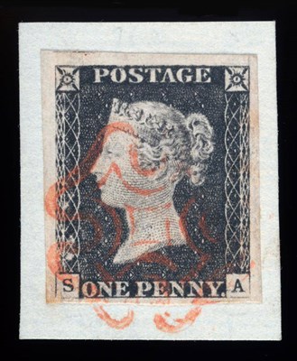 Lot 622 - Great Britain. 1840 1d Black S-A, re-entry. Four good to large margins, tied to small piece by...