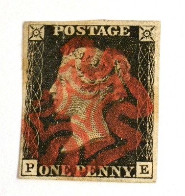 Lot 628 - Great Britain. 1840 1d Black P-E, Plate 5?. Four margins, used with a red Maltese cross