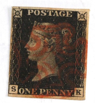 Lot 630 - Great Britain. 1840 1d Black S-K, Plate 6. Three margins, fourth just touched. Used with a red...