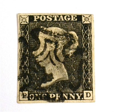 Lot 632 - Great Britain. 1840 1d Black P-D, Plate 7. Four margins, used with a black Maltese cross