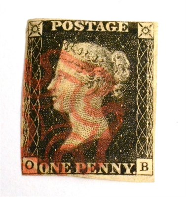 Lot 633 - Great Britain. 1840 1d Black O-B, Plate 8?. Four close margins, used with a red Maltese cross