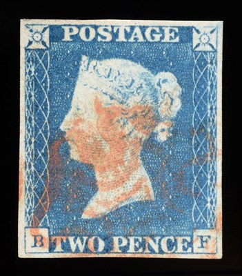 Lot 636 - Great Britain. 1840 2d Blue B-F. Four margins, used with a red Maltese cross