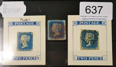 Lot 637 - Great Britain. Three 1840 2d blues B-L three margins, used with a black Maltese cross, C-C...