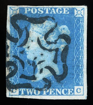 Lot 638 - Great Britain. 1840 2d Blue C-C. Four margins, used with a black Maltese cross