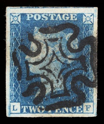 Lot 639 - Great Britain. 1840 2d Blue L-F. Four margins, used with a superb black Maltese cross. Small corner