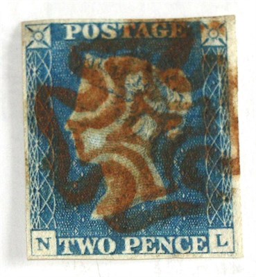 Lot 641 - Great Britain. 1840 2d Blue N-L. Four margins, used with a red Maltese cross