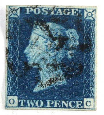 Lot 642 - Great Britain. 1840 2d Deep bright blue O-C, Plate 2. Four margins, used lightly with a black...