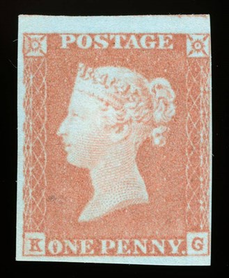 Lot 657 - Great Britain. 1841 1d Red K-G on blued paper. Three good margins, fourth touched. Fresh mint