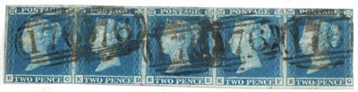 Lot 662 - Great Britain. 1841 2d Blue horizontal strip of five EC/EG, Plate 3. Two good frames, others...