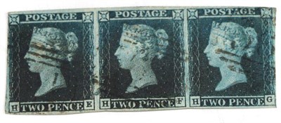 Lot 665 - Great Britain. 1841 2d Deep blue horizontal strip of thee HE/HP. Four margins, used