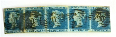 Lot 667 - Great Britain. 1841 2d Blue horizontal used strip of five OD/OH. Three good margins, fourth...