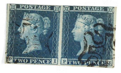 Lot 668 - Great Britain. 1841 2d Blue horizontal pair PI-PJ. Four margins, used with two black numeral 10...