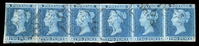 Lot 669 - Great Britain. 1841 2d Blue horizontal strip of six PA-PF. Cancelled by black Maltese crosses....