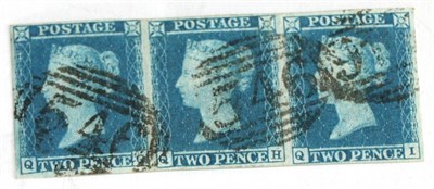 Lot 670 - Great Britain. 1841 2d Blue horizontal strip of three QG/QI, Plate 4. Four margins, used with...